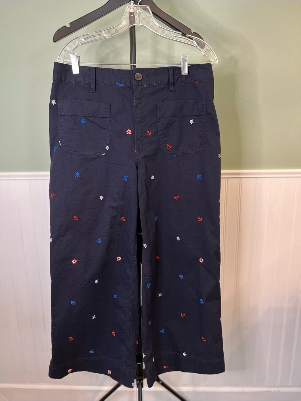 Free Assembly Nautical Embroidered Navy Wide-Leg Pants. Size L 12/14